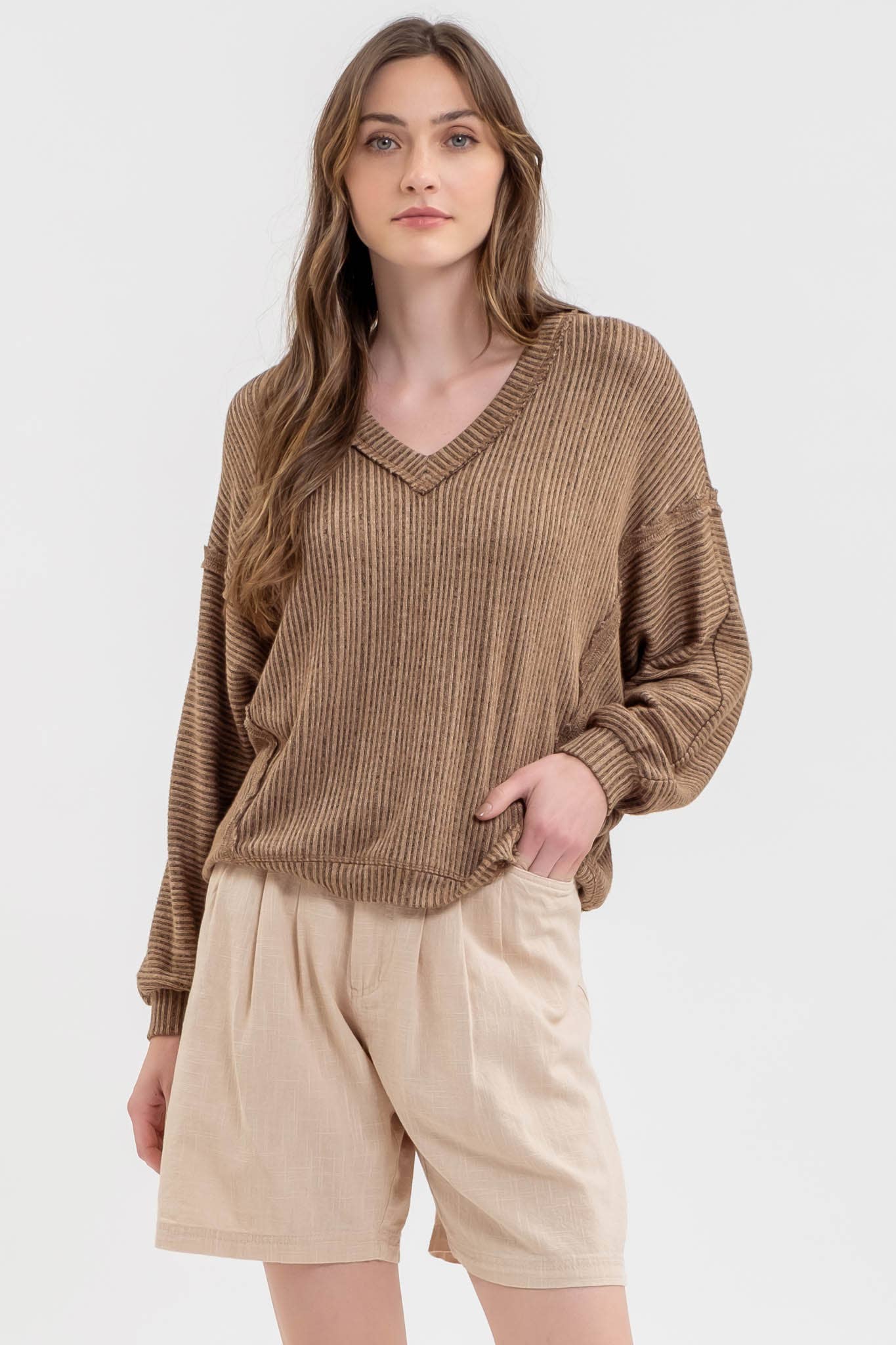 STRIPED DROP SHOULDER V NECK KNIT TOP