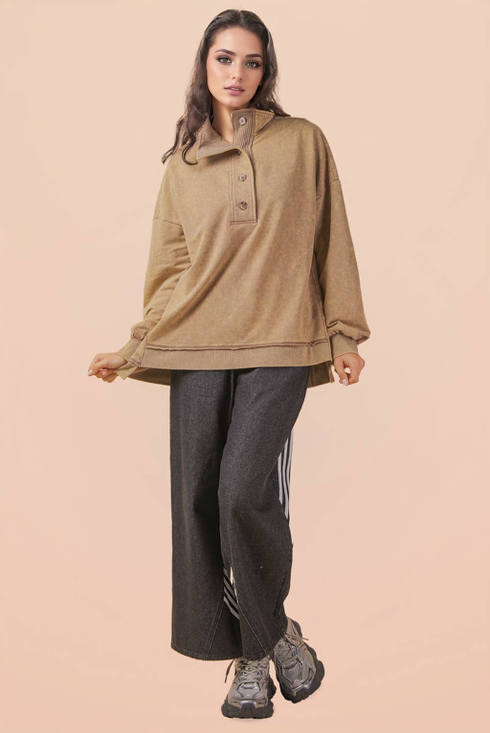 Mock Neck Mineral Washed Knit Causal Top