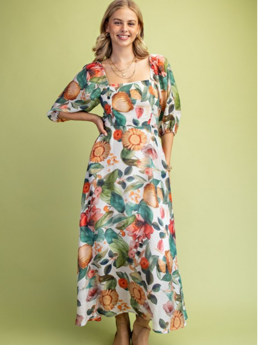 Floral print midi dress with smocked back