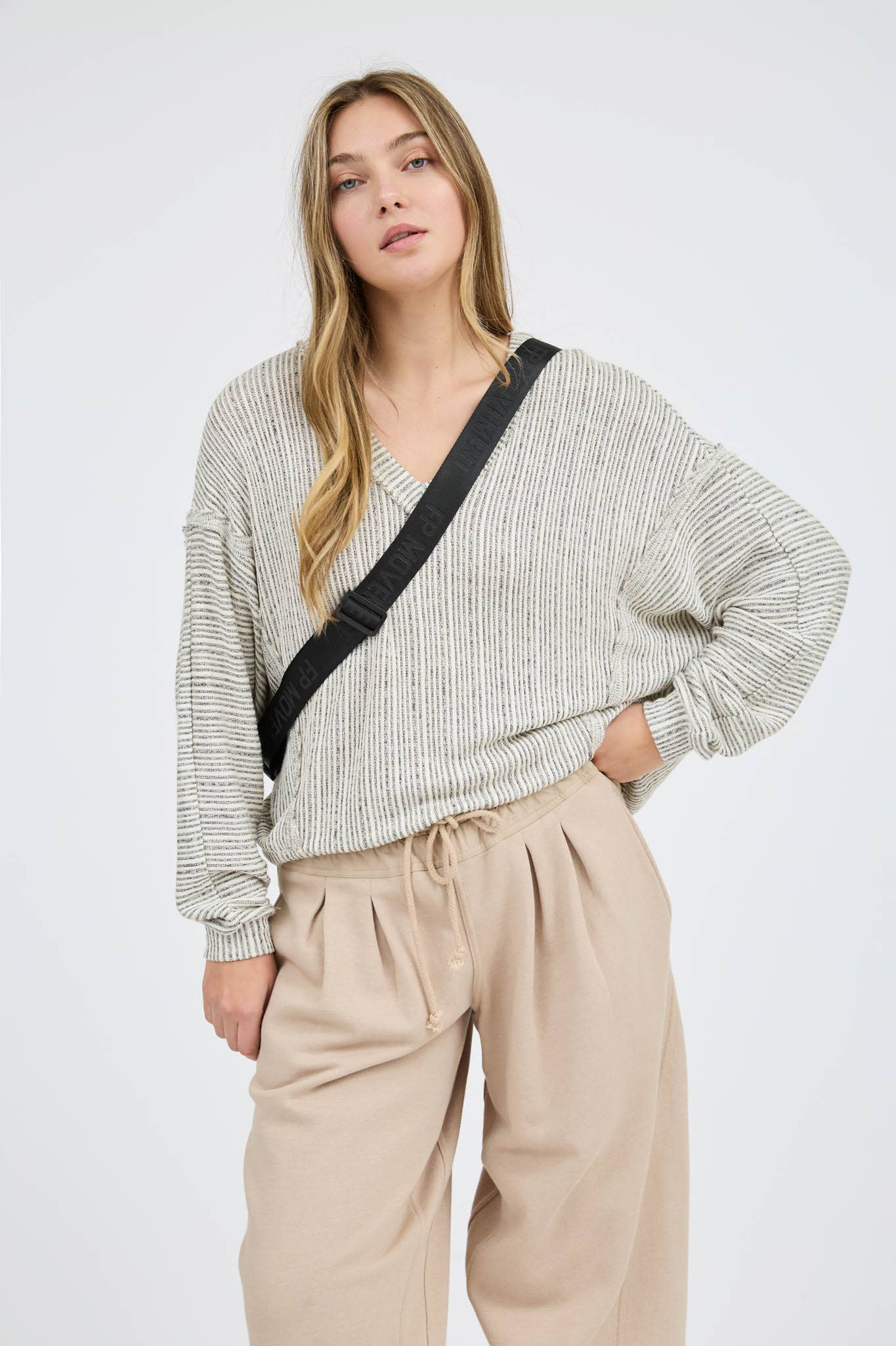 STRIPED DROP SHOULDER V NECK KNIT TOP