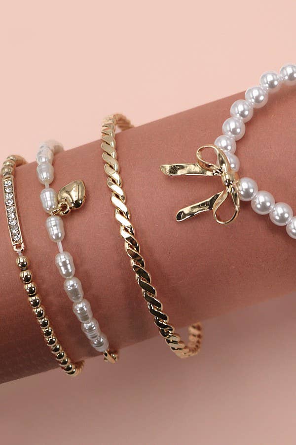 BOW PEARL RHINESTONE BAR STRETCH BANGLE SET | 80B137