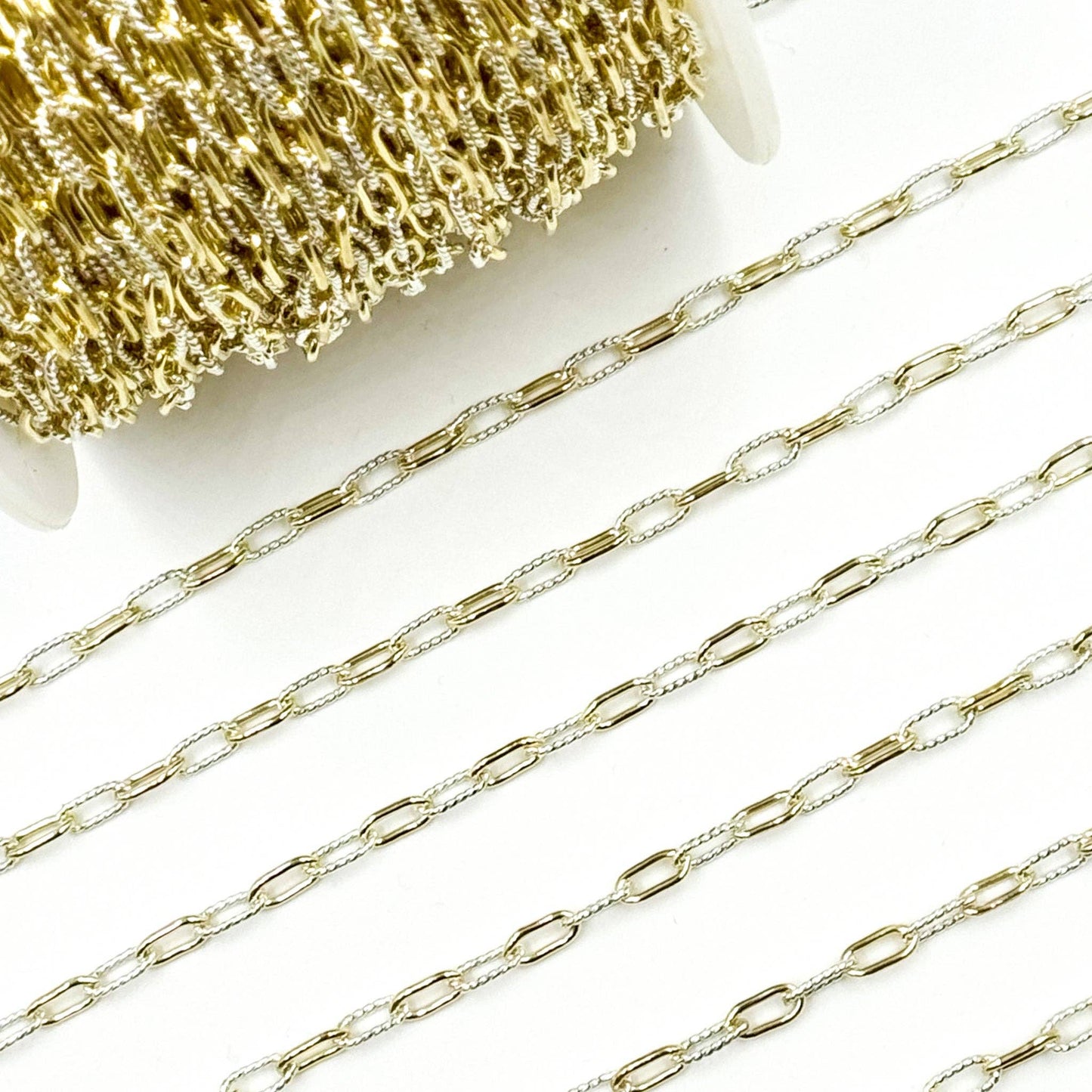 XM3106PZXETT. 14k Gold Filled Smooth and Silver Textured Paperclip Link Chain