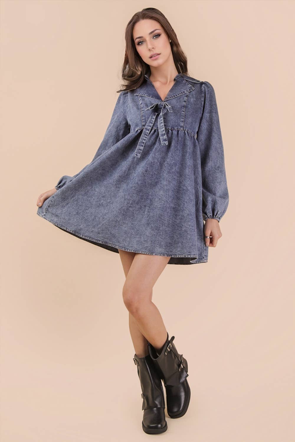 Washed Chambray Collared Mini Dress