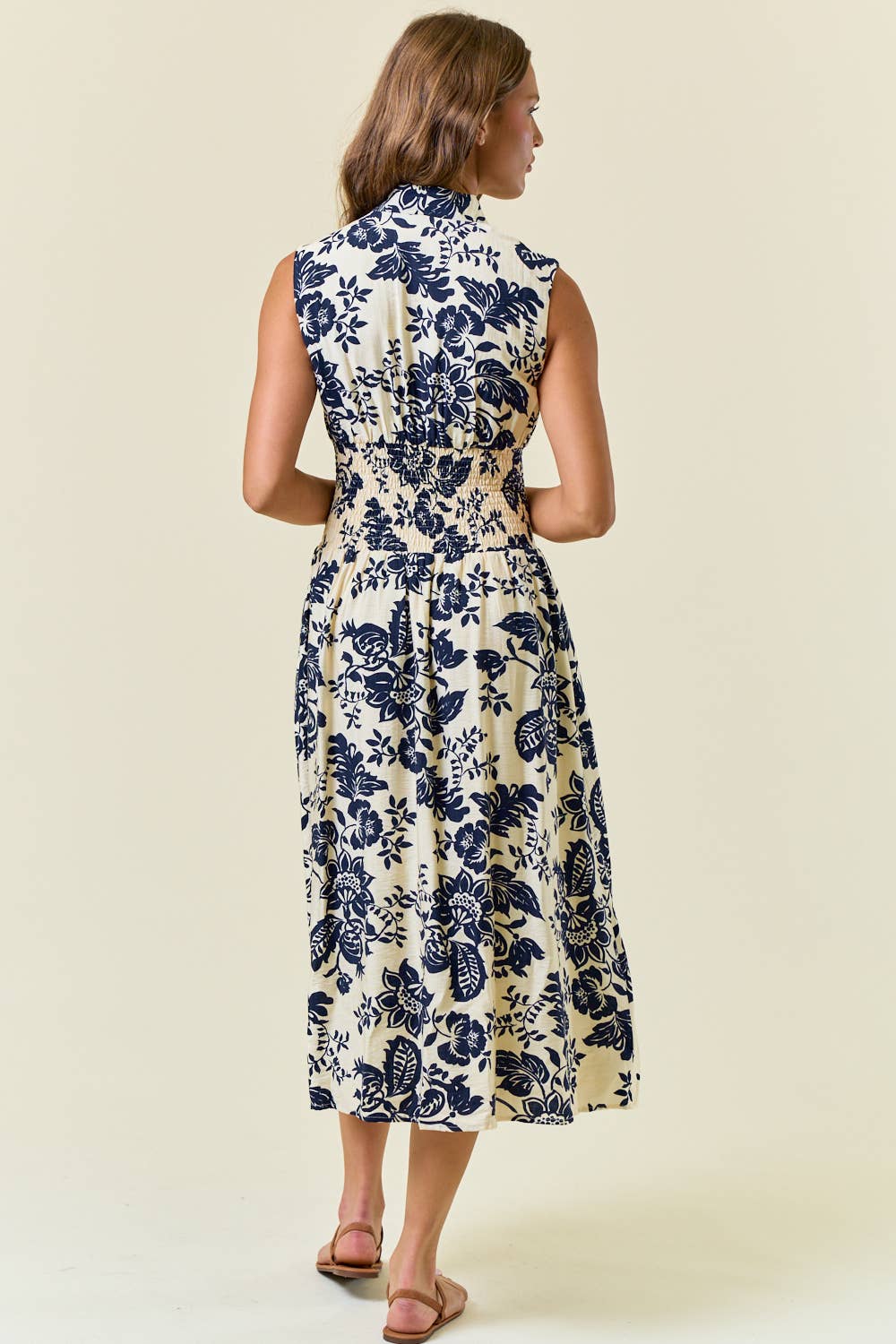 PAISLEY V-NECK SMOCKED WAIST ZIP FRONT MIDI DRESS