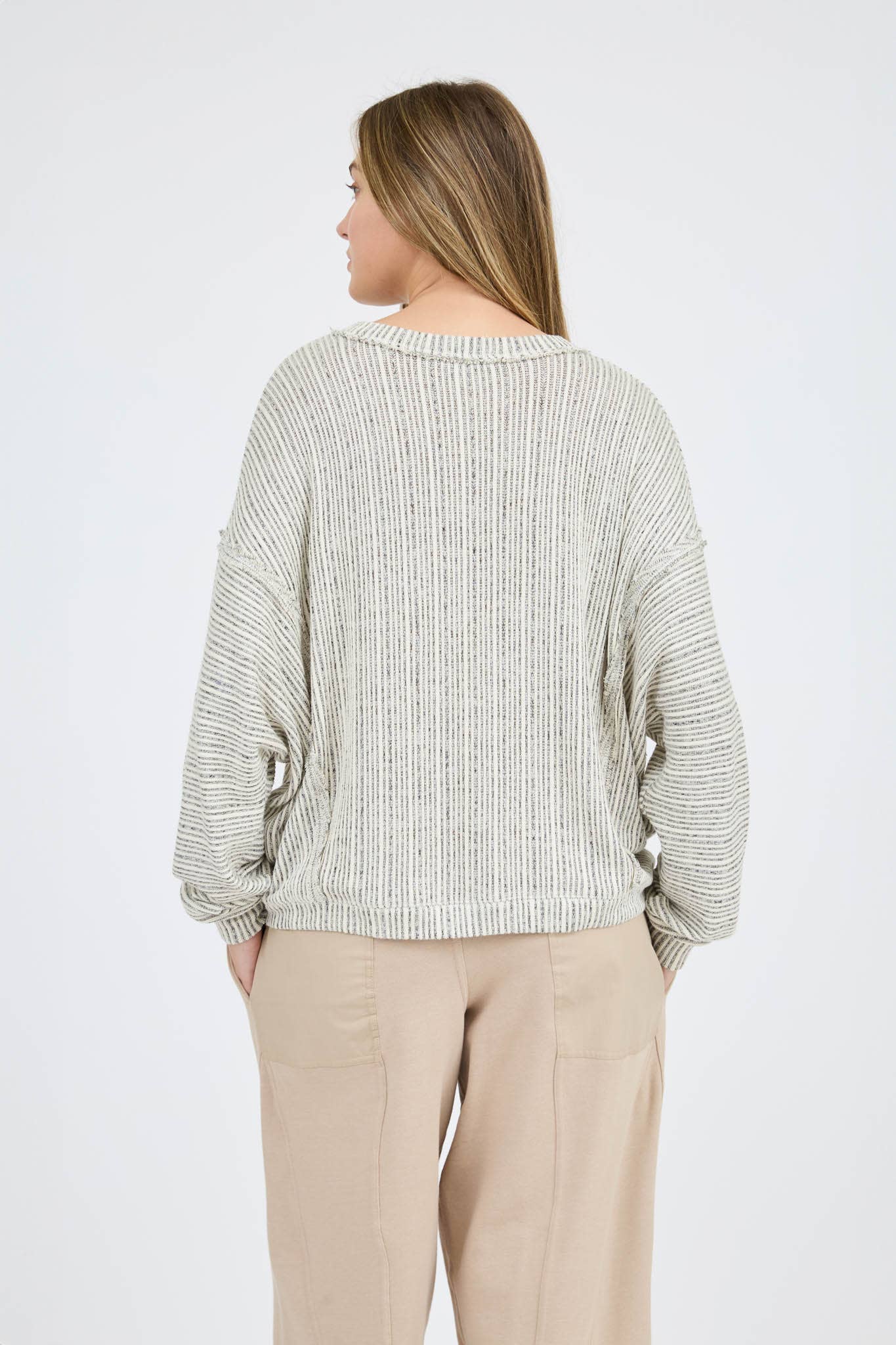 STRIPED DROP SHOULDER V NECK KNIT TOP