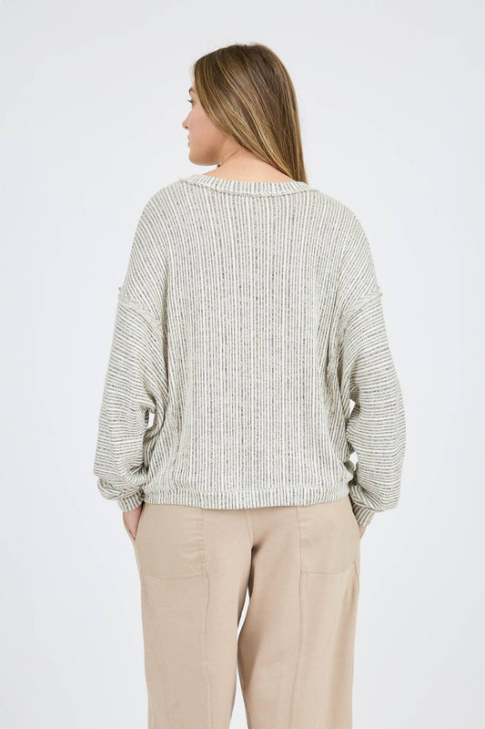 STRIPED DROP SHOULDER V NECK KNIT TOP