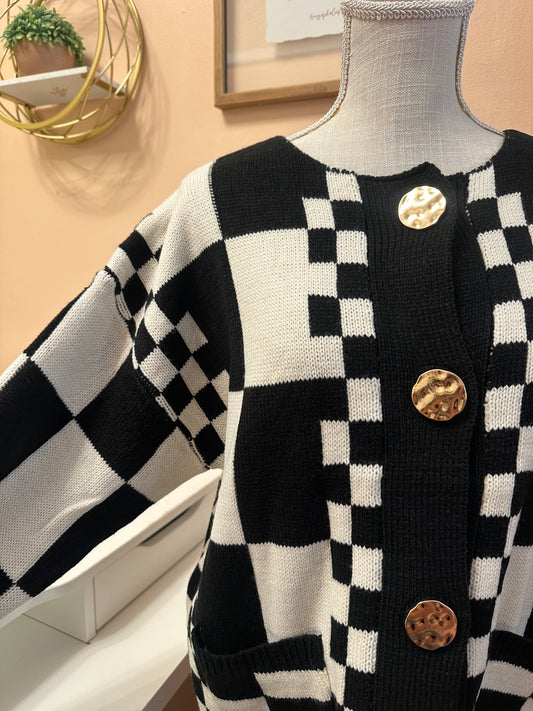 Checkered Cardigan with Gold Buttons