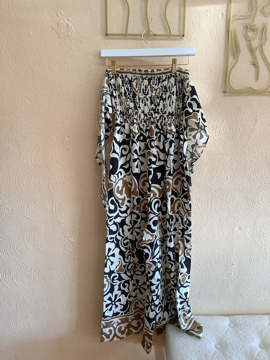 Printed strapless smocked jumpsuit