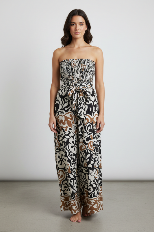 Printed strapless smocked jumpsuit
