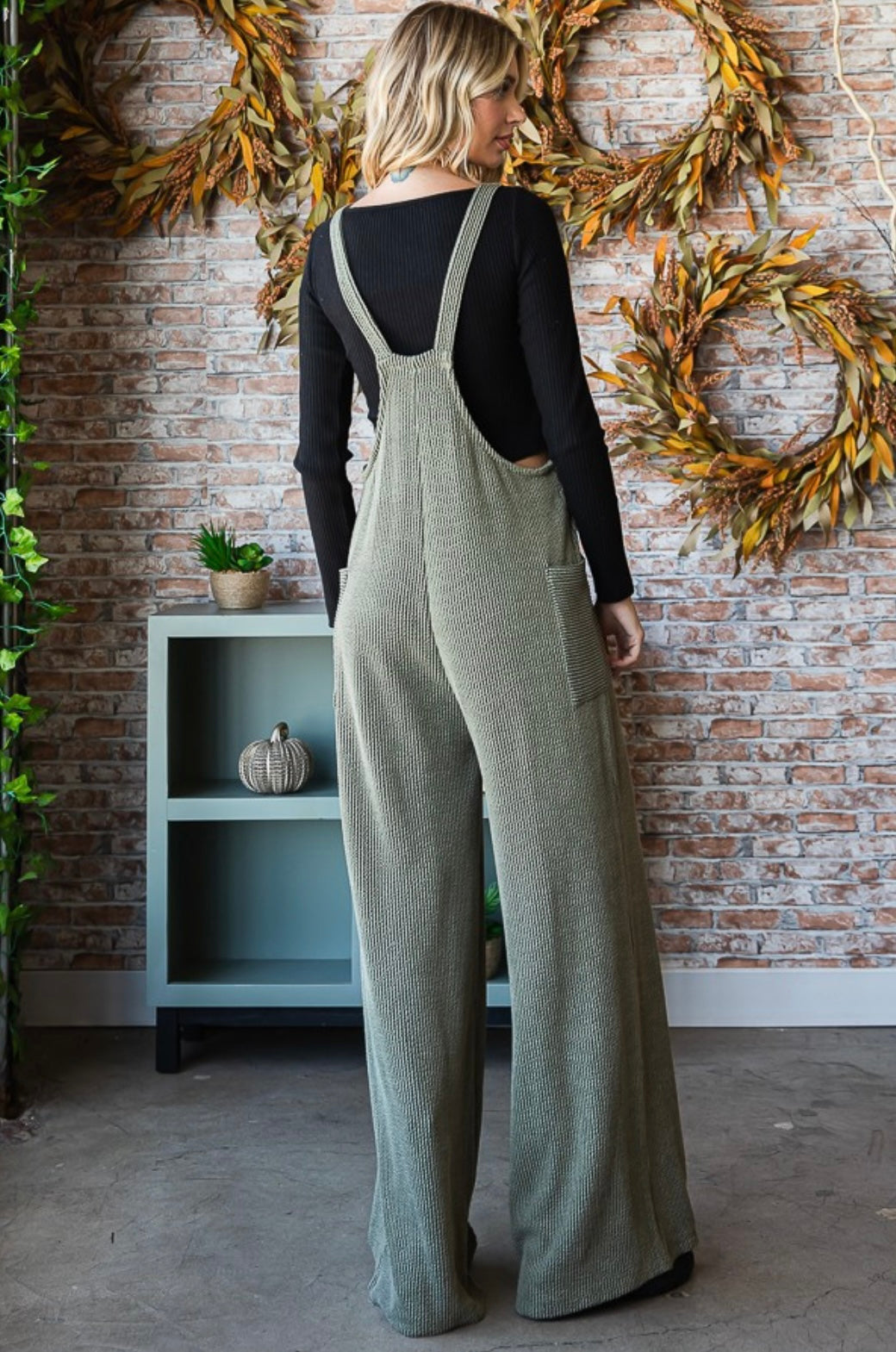 Olive Solid Rib Overall Jumpsuit