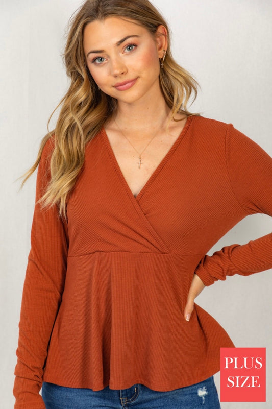 Long Sleeve Solid Knit Surplice Top