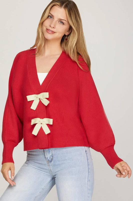 Red Front Bow Sweater Cardigan