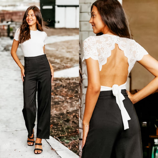 Spliced Lace Tied Open Back Bodysuit