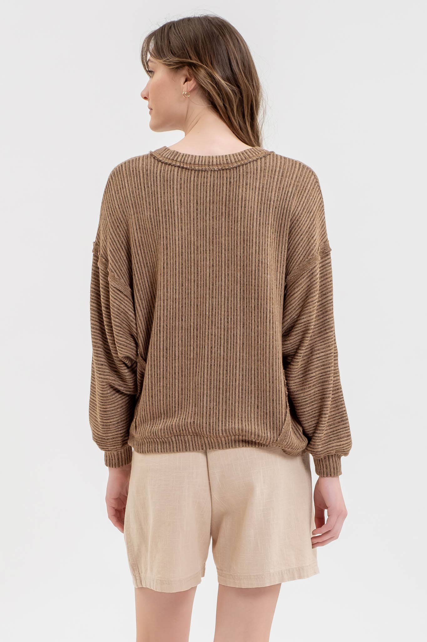 STRIPED DROP SHOULDER V NECK KNIT TOP
