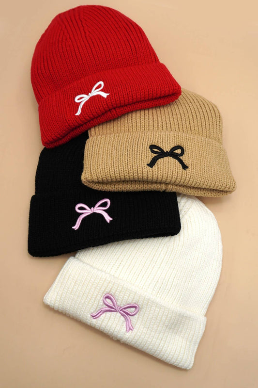 SOFT RIBBED KNIT BOW ACCENT BEANIES HAT | 40BN916