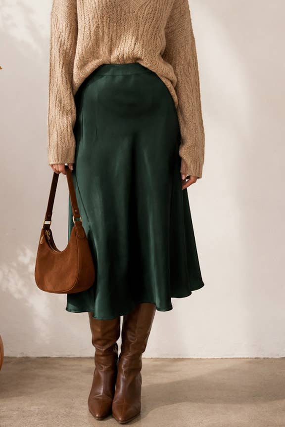 Elastic High Waist Satin Maxi Skirt