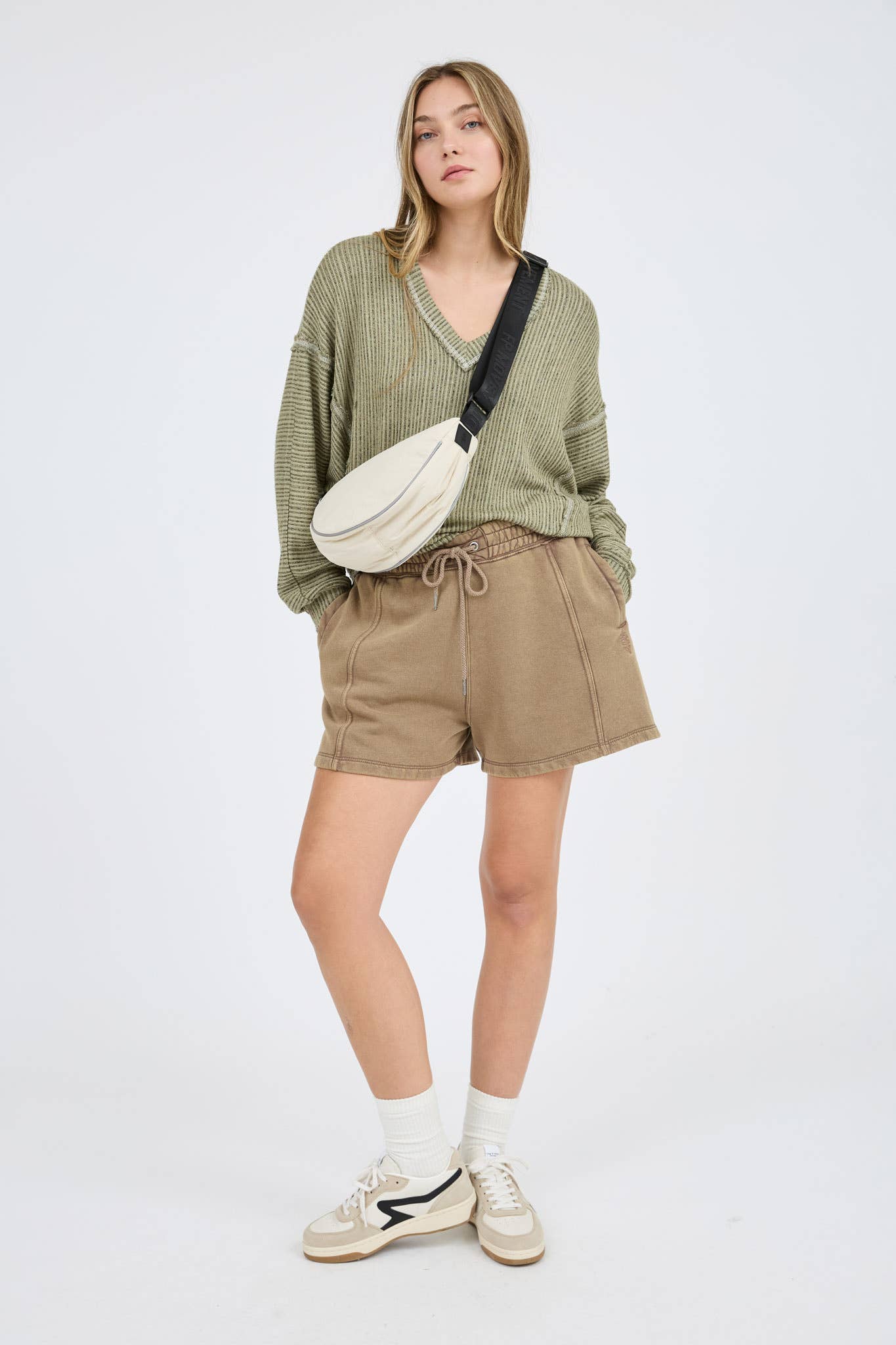 STRIPED DROP SHOULDER V NECK KNIT TOP