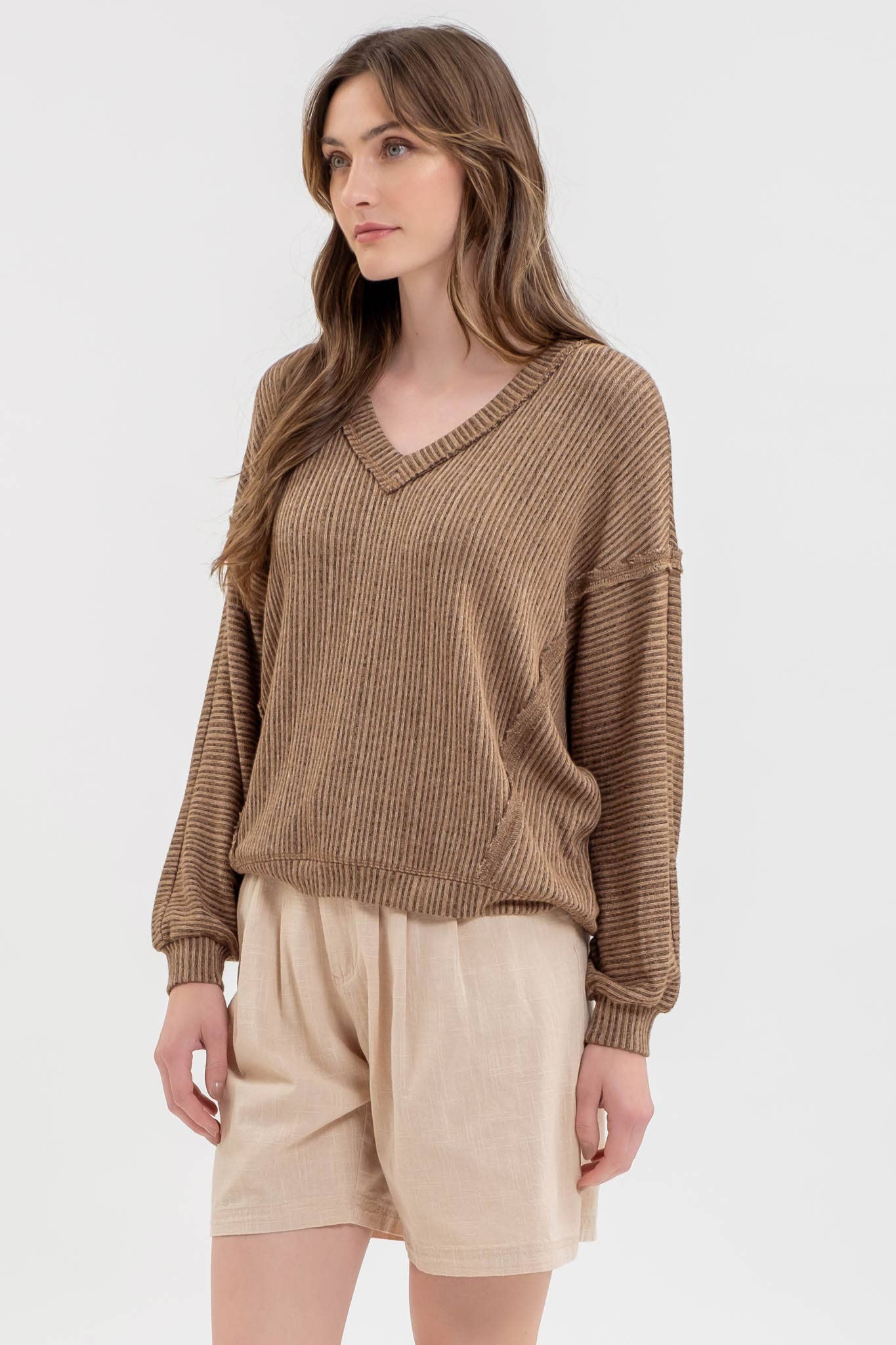 STRIPED DROP SHOULDER V NECK KNIT TOP