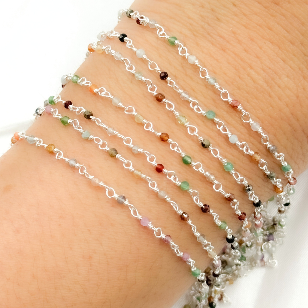 MGS24. Multi Gemstone White Sterling Silver Wire Chain