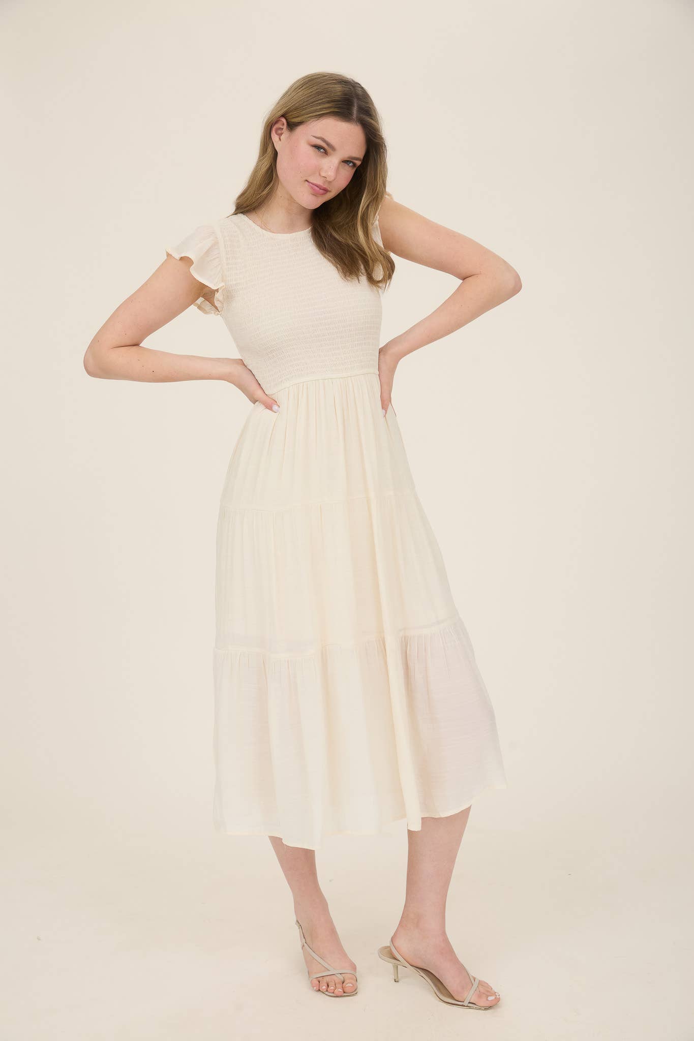 SMOCKED TIERED MIDI DRESS