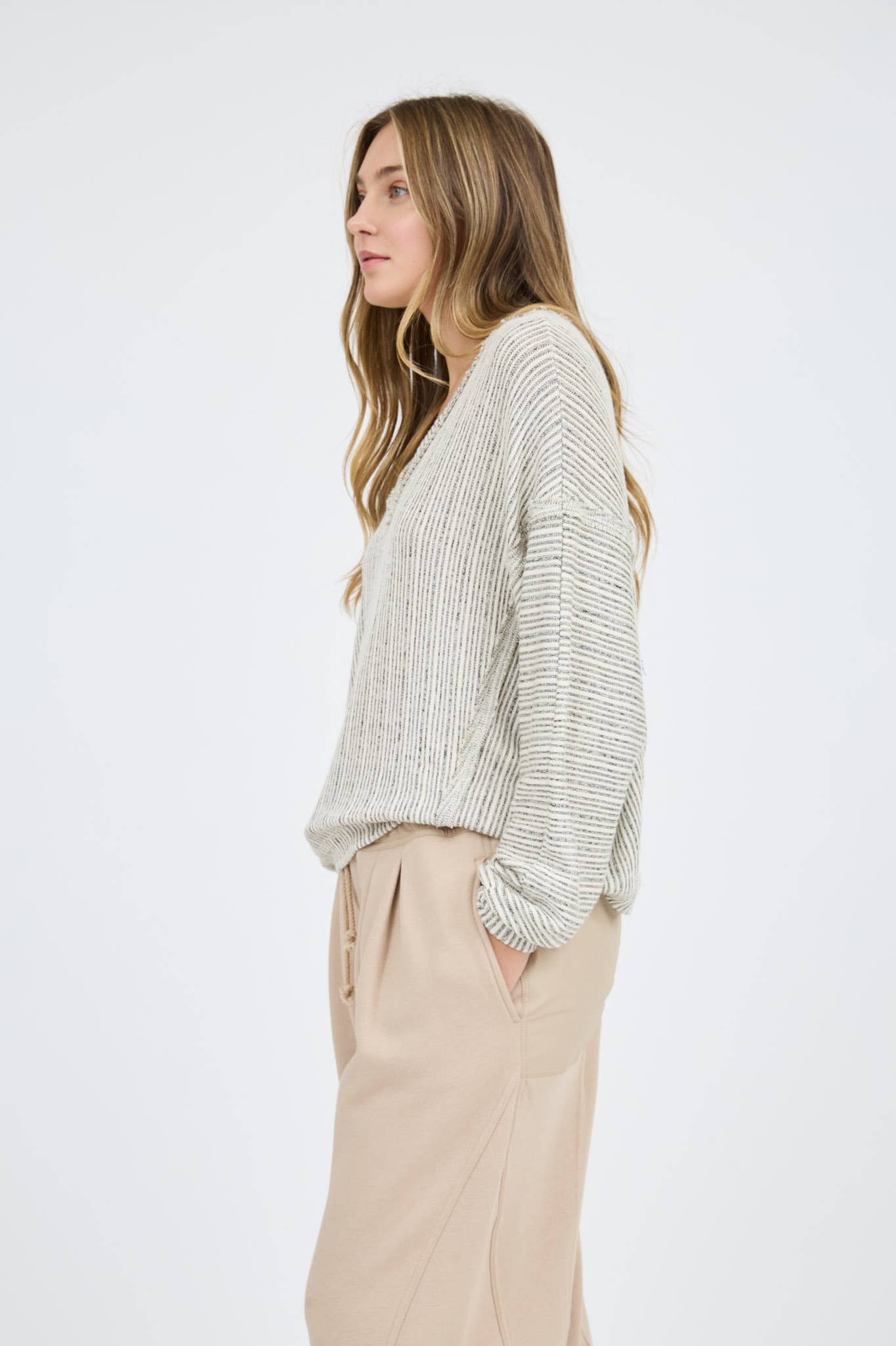 STRIPED DROP SHOULDER V NECK KNIT TOP