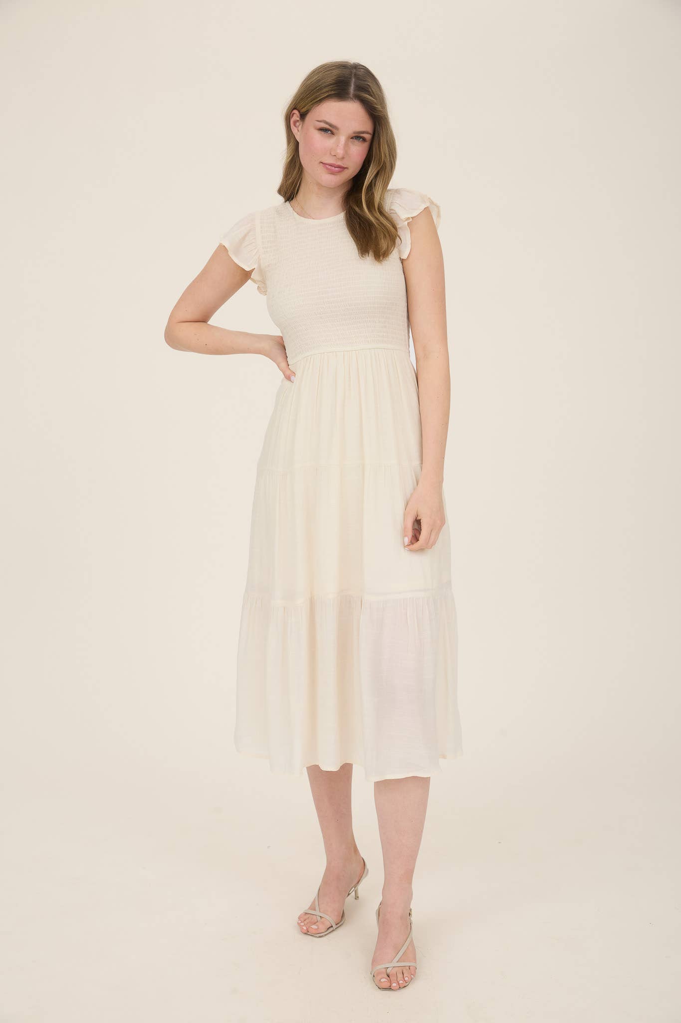 SMOCKED TIERED MIDI DRESS