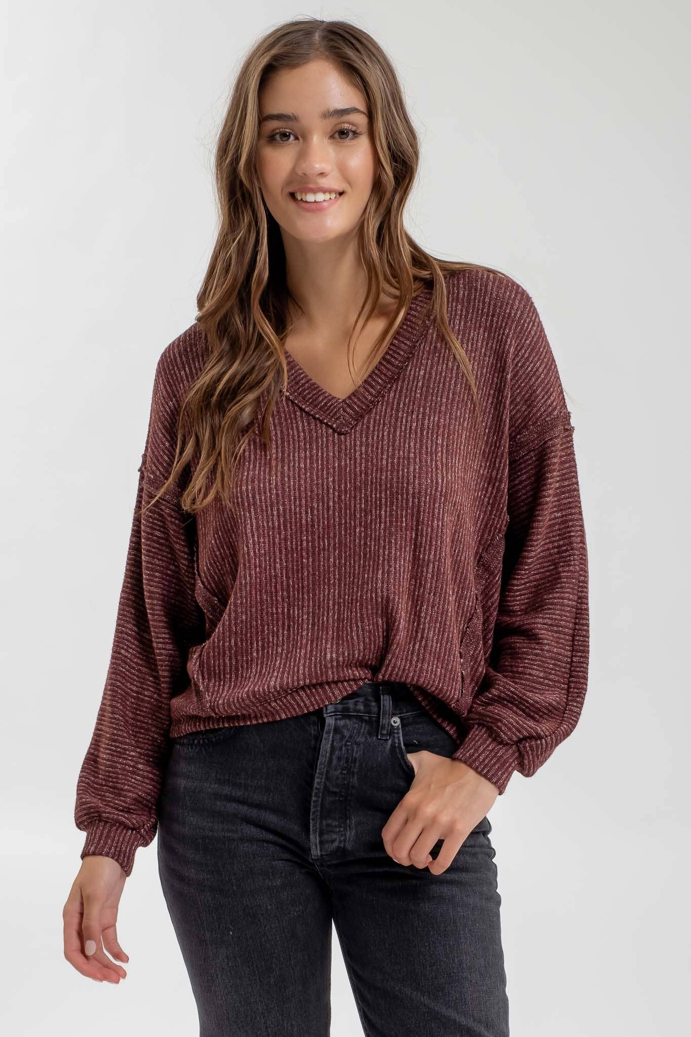 STRIPED DROP SHOULDER V NECK KNIT TOP