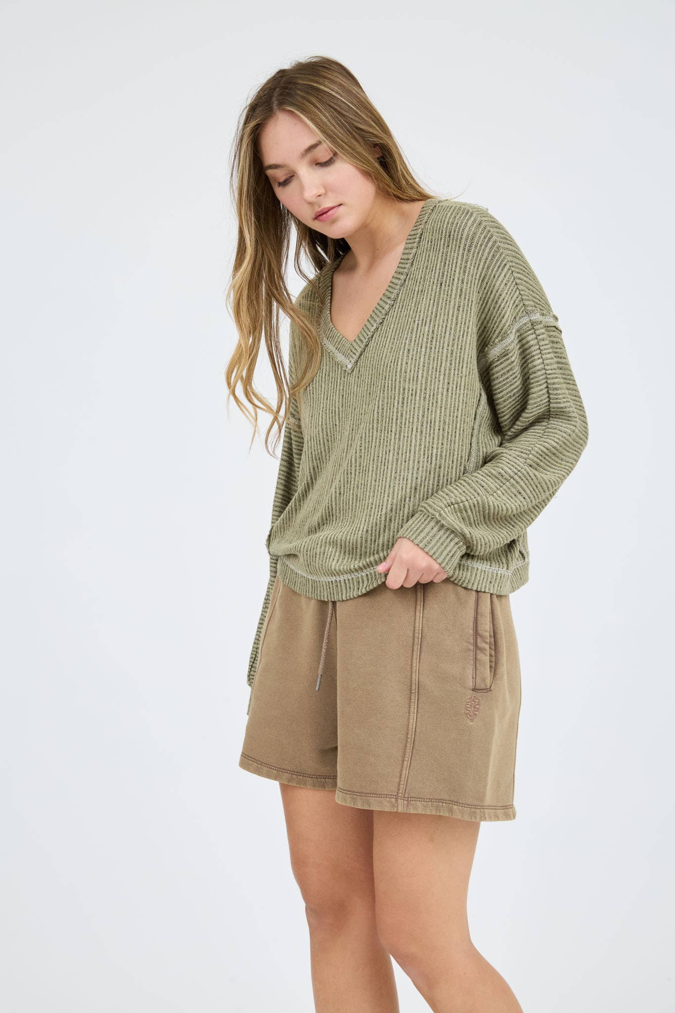 STRIPED DROP SHOULDER V NECK KNIT TOP