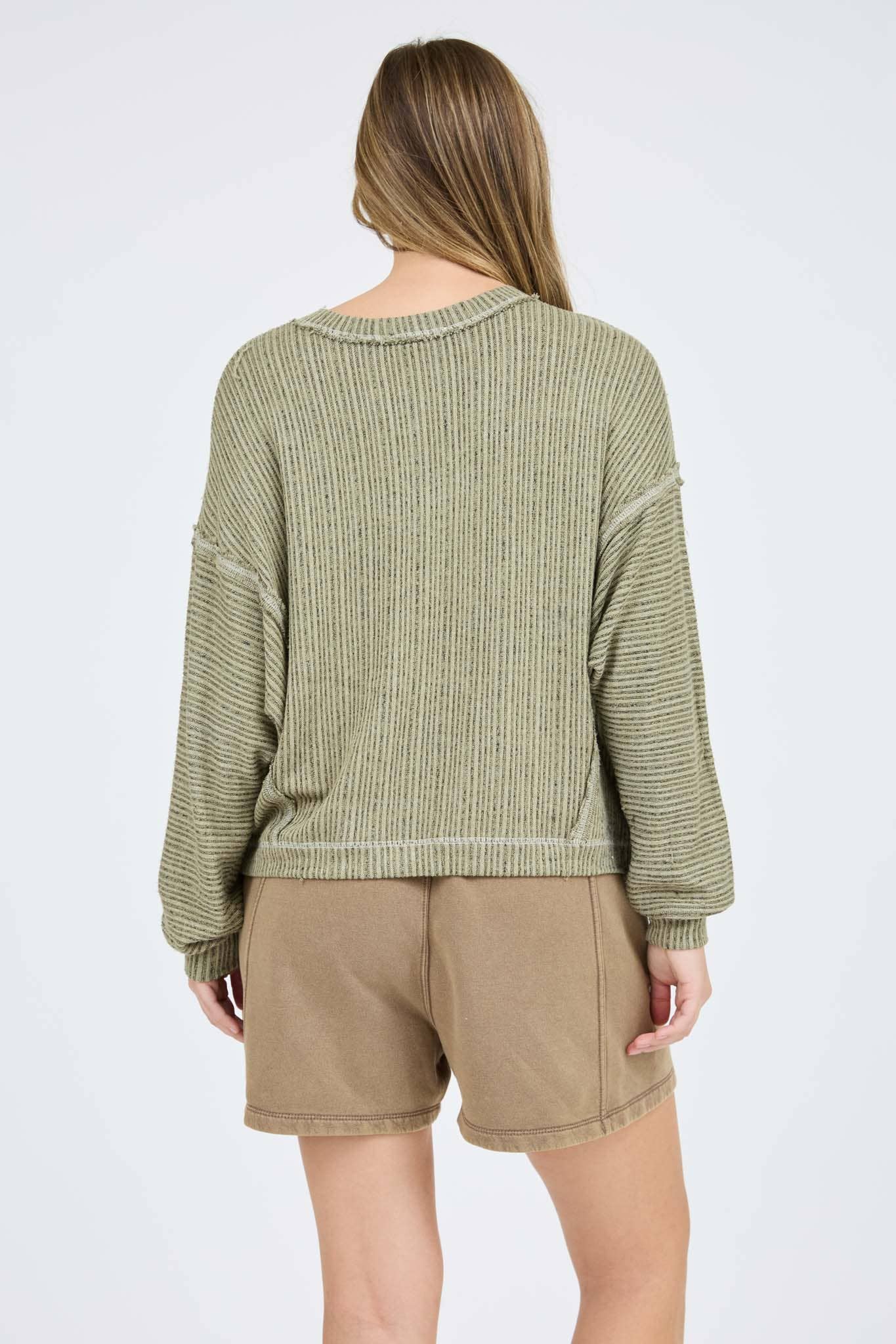 STRIPED DROP SHOULDER V NECK KNIT TOP