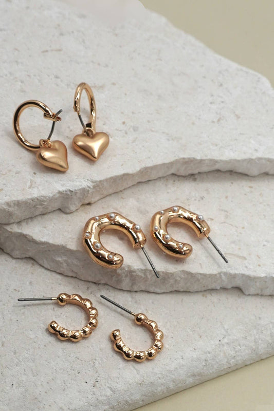 HEART DROP PEARL STUDED HOOP TRIO EARRINGS | 80E6397