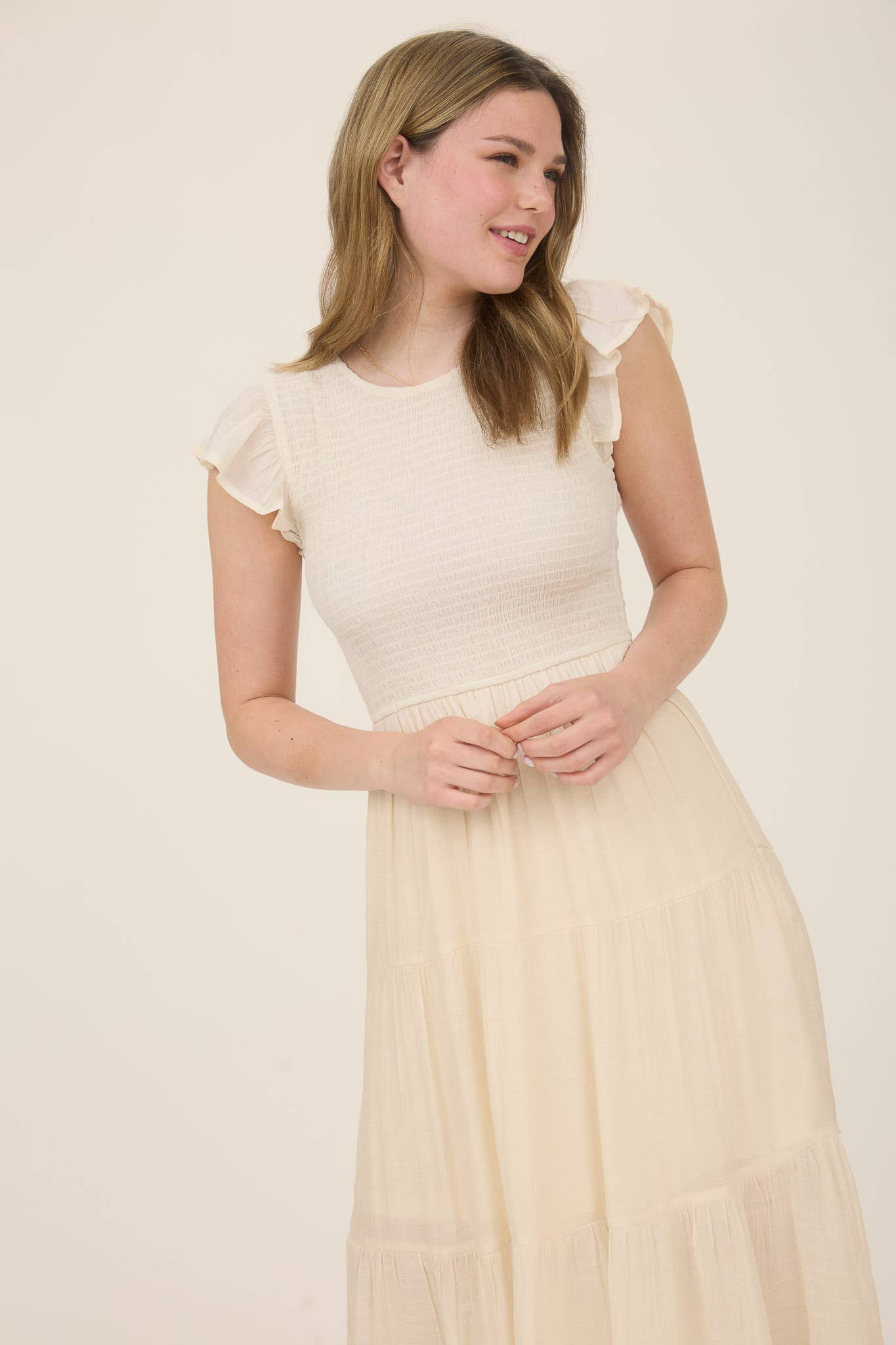 SMOCKED TIERED MIDI DRESS