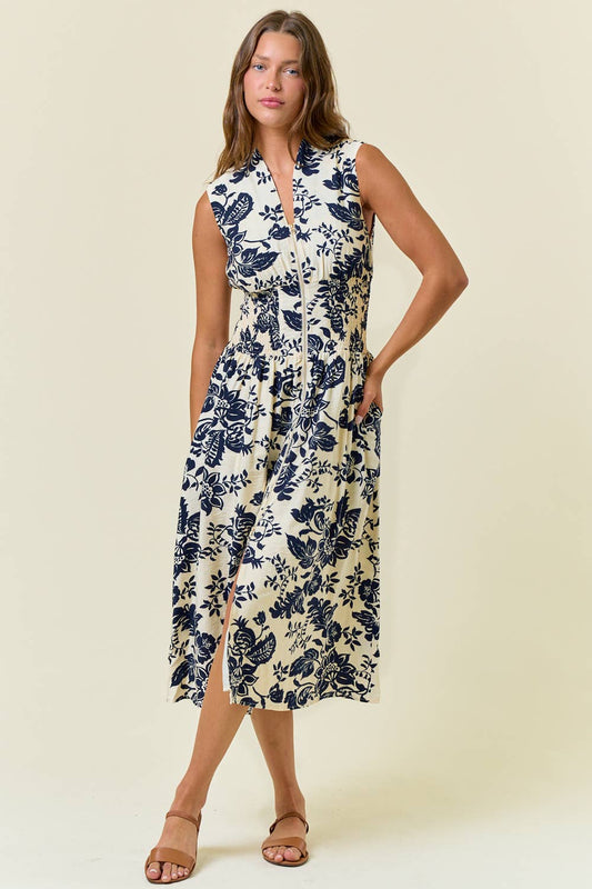 PAISLEY V-NECK SMOCKED WAIST ZIP FRONT MIDI DRESS