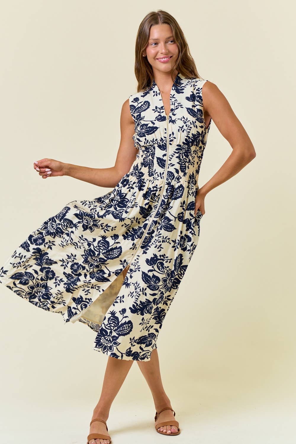 PAISLEY V-NECK SMOCKED WAIST ZIP FRONT MIDI DRESS