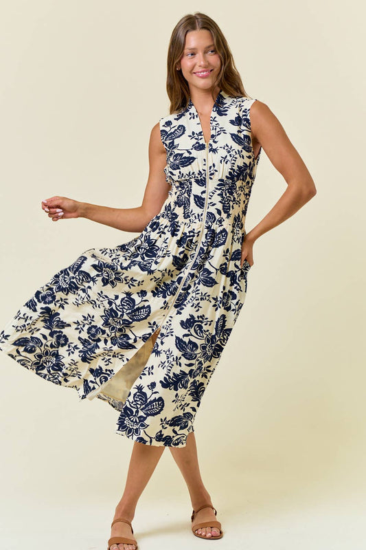 PAISLEY V-NECK SMOCKED WAIST ZIP FRONT MIDI DRESS