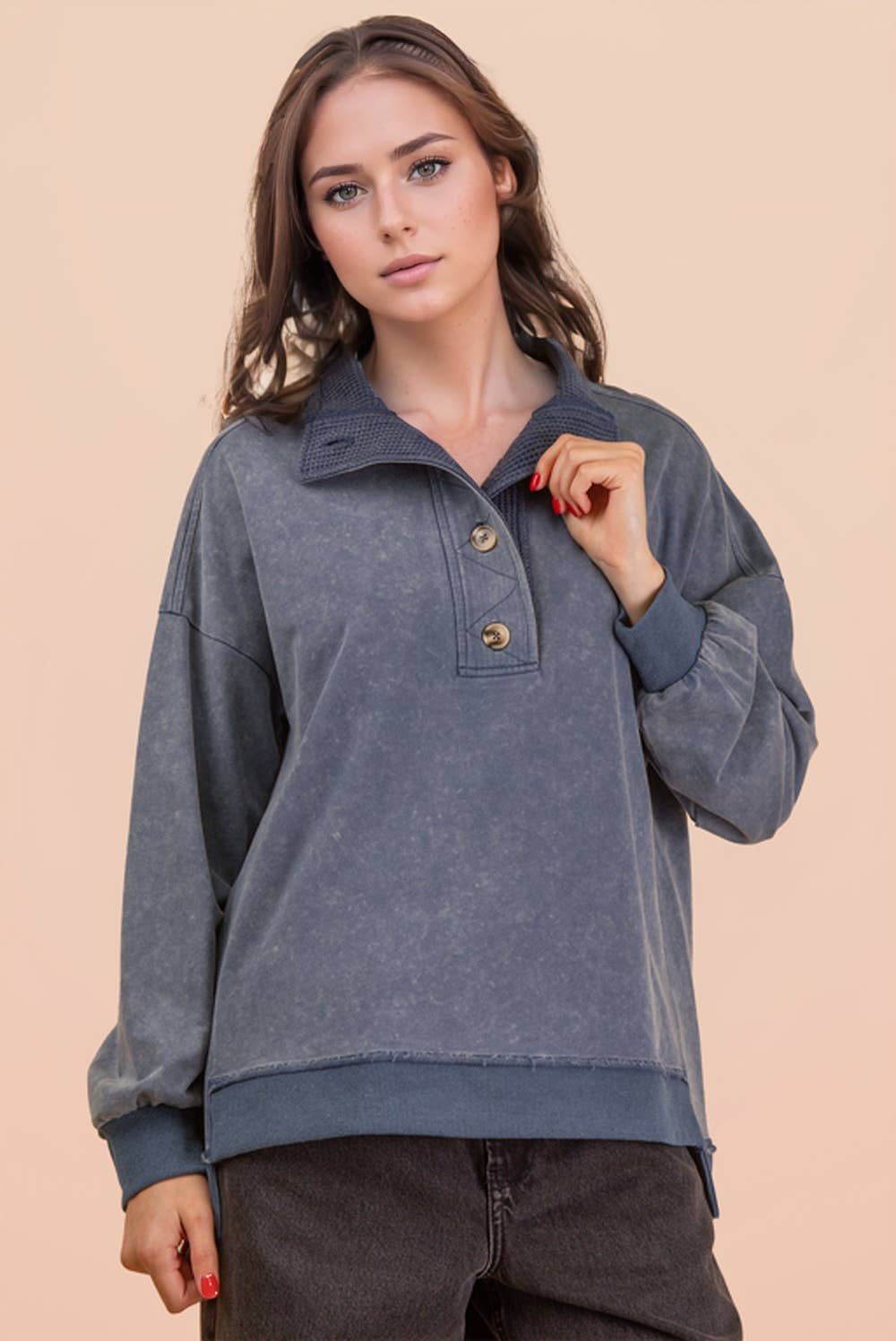 Mock Neck Mineral Washed Knit Causal Top