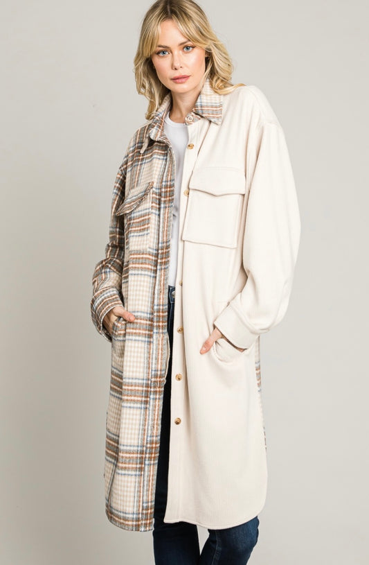 Soft Corduroy and Plaid Long Shacket
