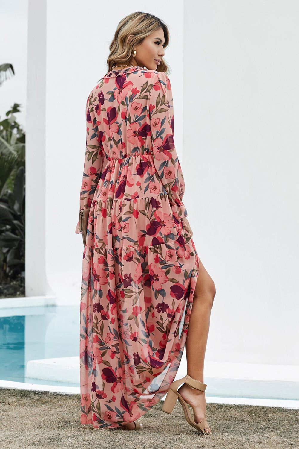 Floral Frill Trim Flounce Sleeve Plunge Maxi Dress – Perfect Little Peach