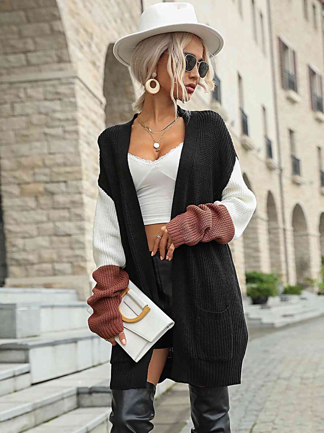 Double Take Tricolor Dropped Shoulder Cardigan with Pockets
