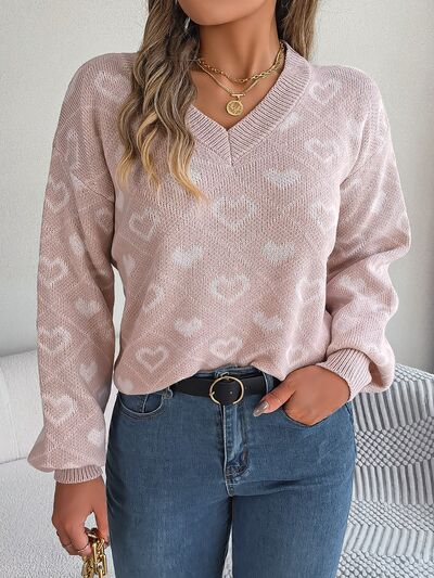 Heart Pattern V-Neck Long Sleeve Sweater