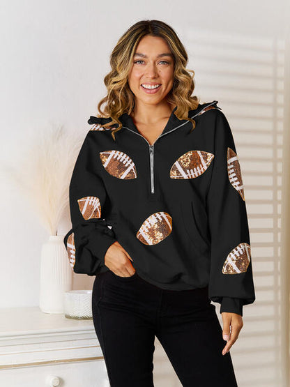 Sequin Football Patch Hal-Zip Hoodie