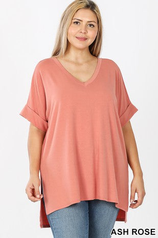 Rolled Short Sleeve V Neck Plus