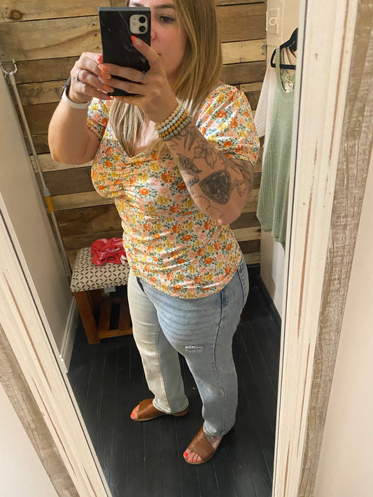 Flower print off the shoulder shirt