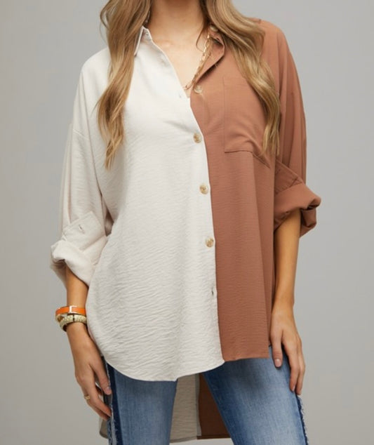 Color Block Button Down Shirt