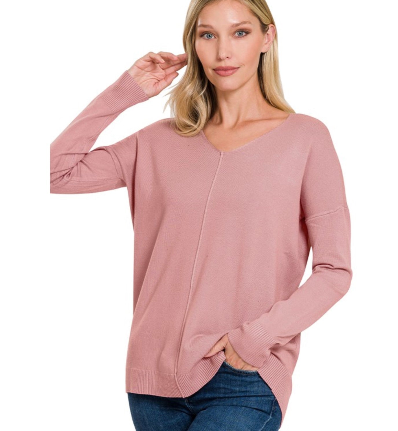 High-Low V-Neck Front Seam Sweater
