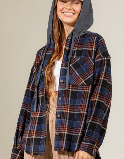 Plaid Hooded Frayed Hem Jacket