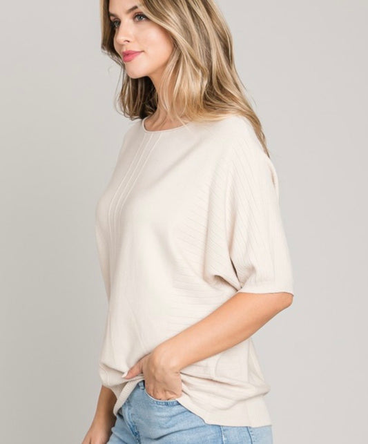 Soft fine gauge short sleeve dolman sweater