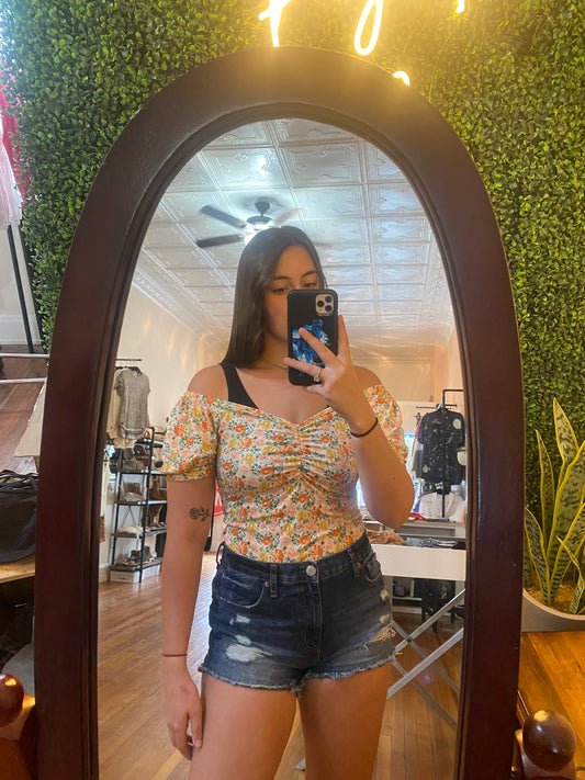 Flower print off the shoulder shirt