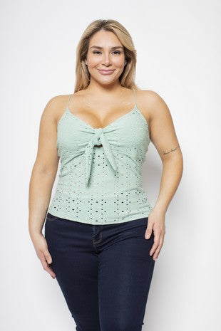 Eyelet tie front knit top