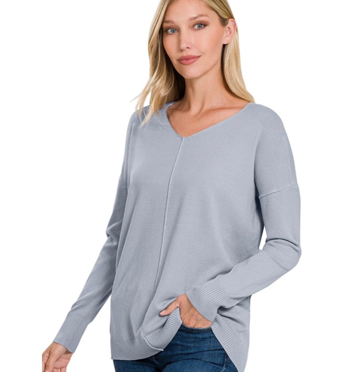 High-Low V-Neck Front Seam Sweater