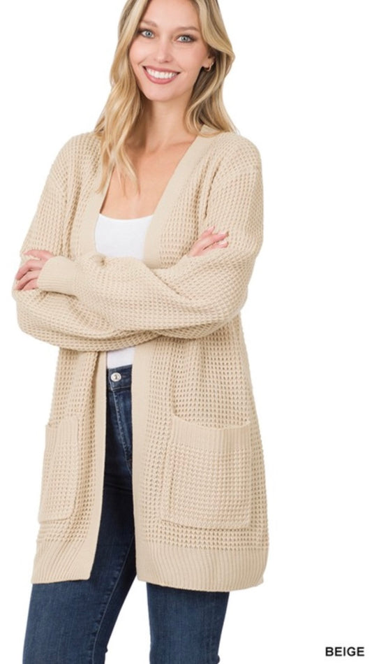 Open Knit Waffle Cardigan Sweater